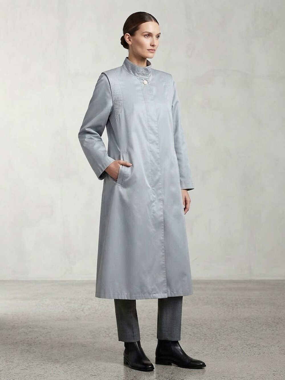 London Fog Light Gray Women's Trench Coat with Stand Collar